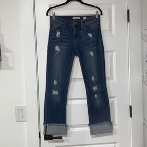 Distressed Straight Leg Jeans w/ Cuffed Hem